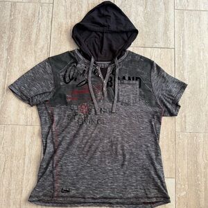 Y2K Projek Raw Gray Hooded Henley Short Sleeve Shirt Graphic grunge skater Sz L